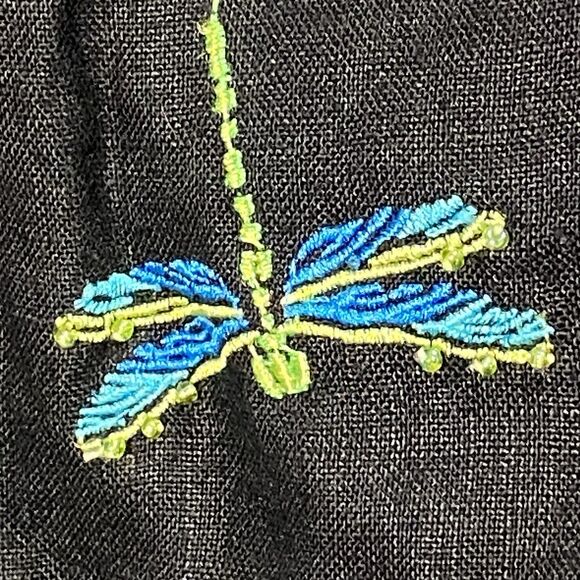 Vintage PARAPHRASE Capri Pants Linen Embroidered Beads Dragonfly Womens 14 Black - Picture 6 of 10
